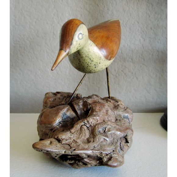 Charming mid-century wood sandpiper sculpture on burl by Jack Francis signed - Picture 3 of 9